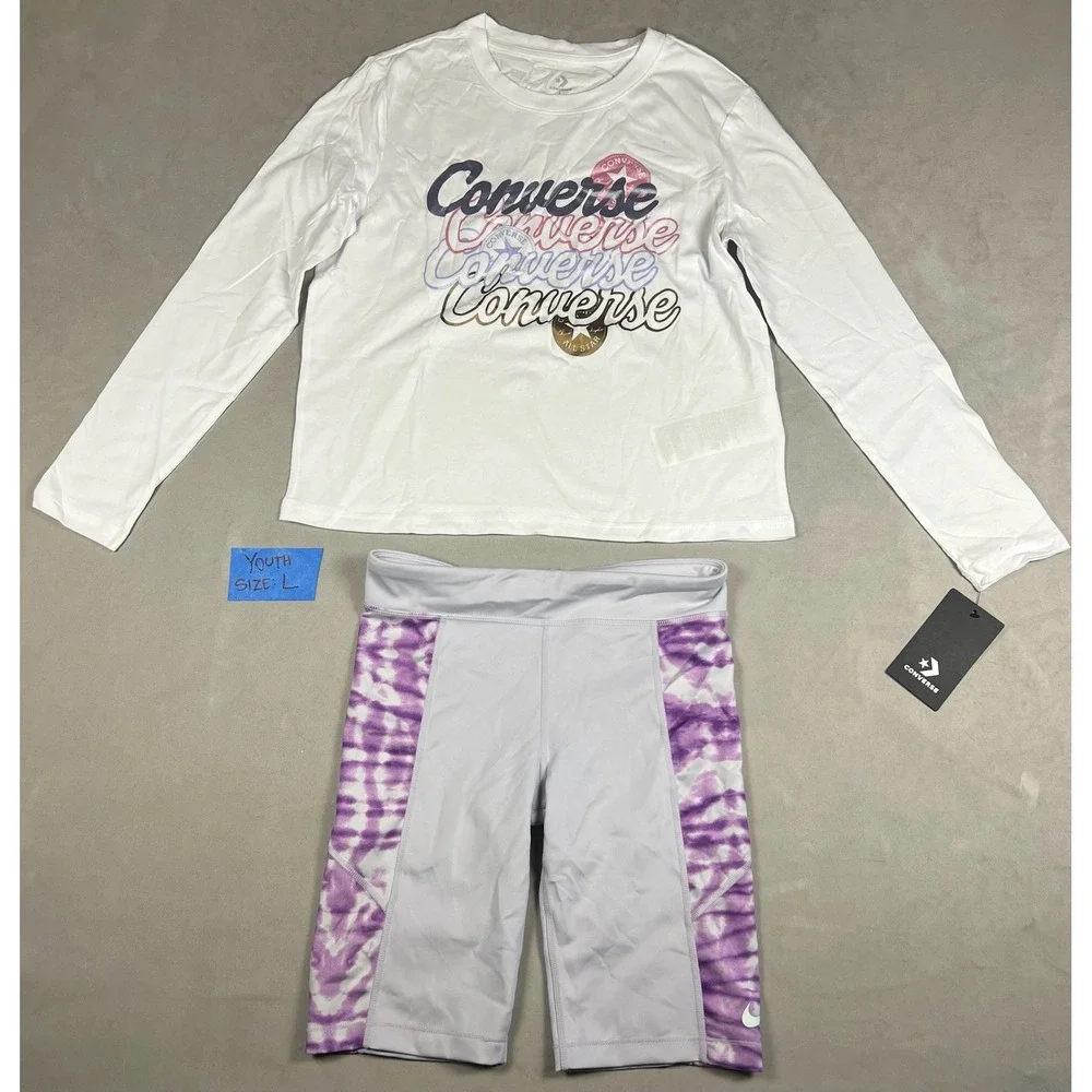 Converse Girls 2pc Set Long‎ Sleeve Graphic Tee Tie Dye Bike Shorts White Purp L